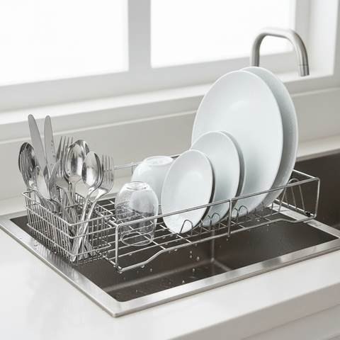 Chrome Dish Rack With Cutlery Basket