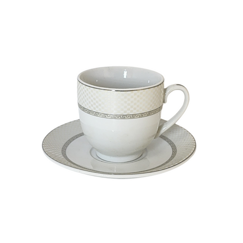 12 Piece cup and saucer set with silver rim and pattern