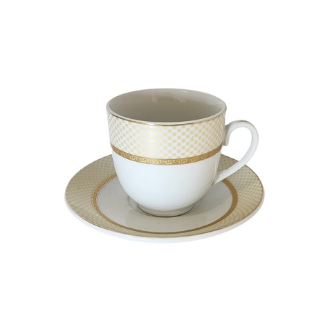 12 Piece cup and saucer set with gold rim and pattern