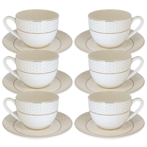 12 Piece cup and saucer set with gold rim and dots