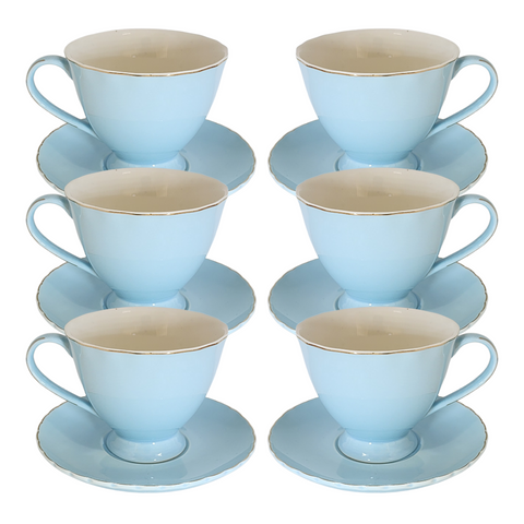 12 Piece Blue Cup And Saucer Set With Gold Rim