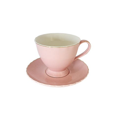 12 Piece pink cup and saucer set with gold rim