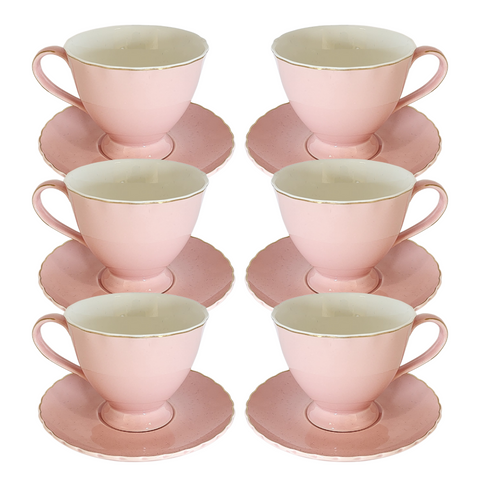 12 Piece pink cup and saucer set with gold rim