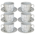 12 Piece cup and saucer set with silver pattern