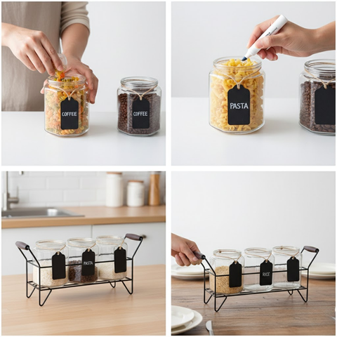 3 Piece Glass Jars With Stand And Chalkboard Tags