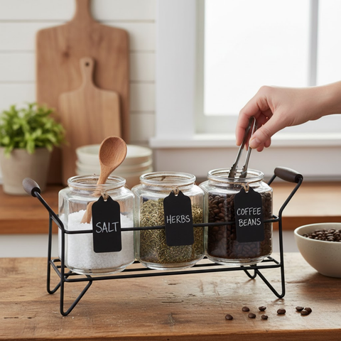 3 Piece Glass Jars With Stand And Chalkboard Tags