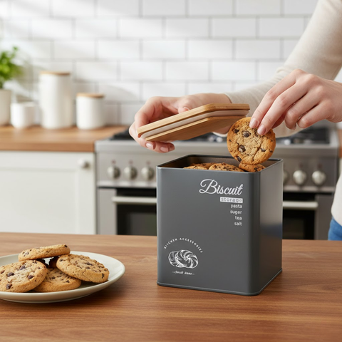 Stainless Steel Biscuit Tin With Wooden Lid