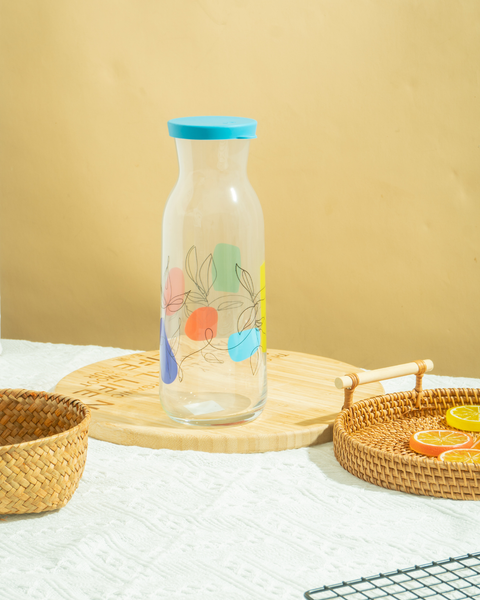 1.2 Litre Glass Bottle With Flower Pattern And Blue Silicone Lid