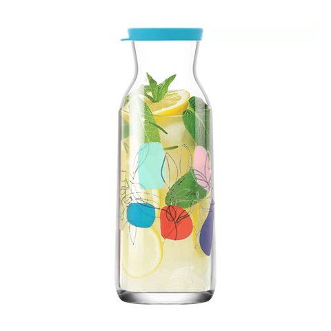 1.2 Liter glass bottle with flower pattern and blue silicone lid