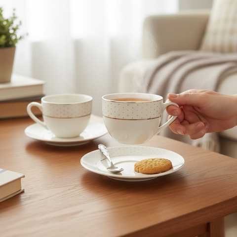 12 Piece Cup And Saucer Set With Gold Rim And Dots