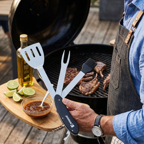 5-in-1 Stainless Steel Bbq Multi Tool Set With Black Wooden Handle