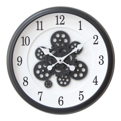 Round wall clock with exposed components