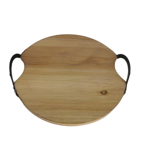 Wooden tray with black metal handle
