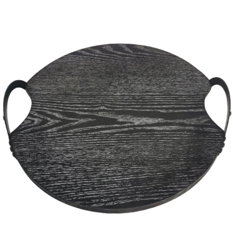 Black wooden tray with black metal handle