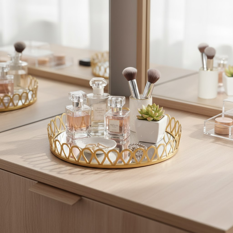 Round Gold Metal Mirror Tray