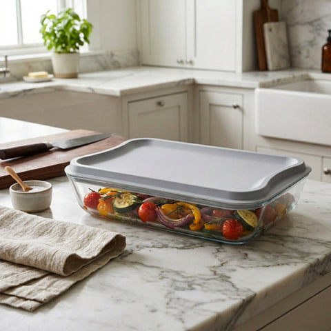 3.5 Litre Rectangular Glass Casserole With Grey Plastic Lid