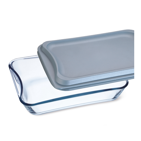 3.5 Litre rectangular glass casserole with grey plastic lid 