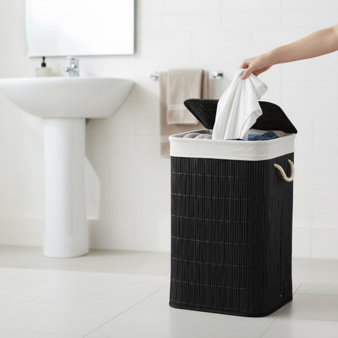 72 Litre Bamboo Black Laundry Bin With Lid