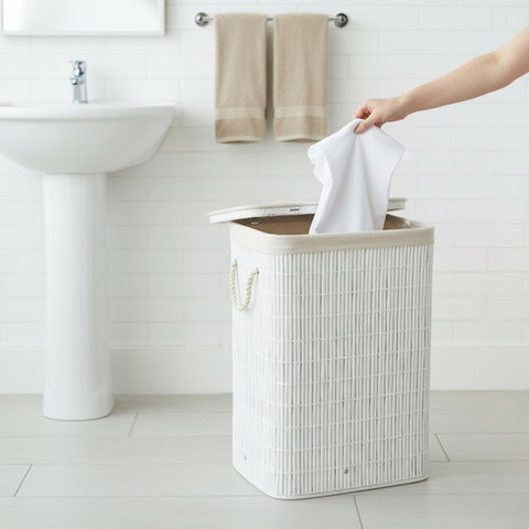 72 Litre Bamboo Off White Laundry Bin With Lid