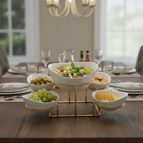 5 Piece Serving Bowl Set With Gold Stand