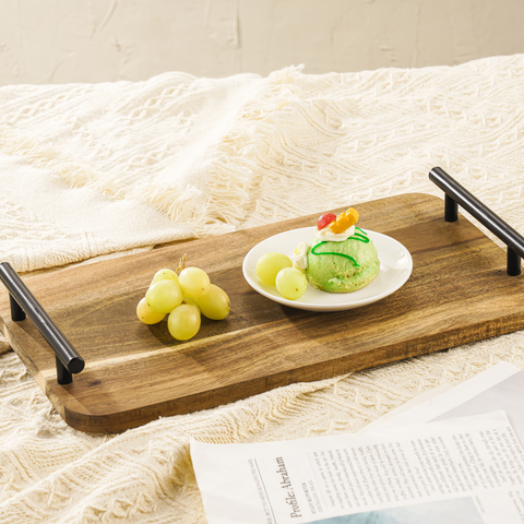 30cm Acacia Wood Tray With Metal Handle