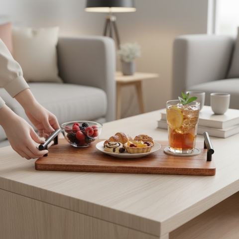 36cm Acacia Wood Tray With Metal Handle