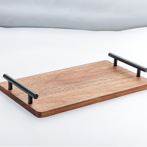40cm Acacia Wood Tray With Metal Handle
