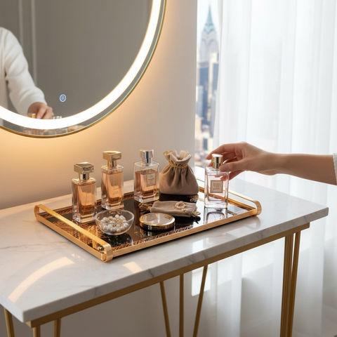 Gold Metal Tray With Glass Base