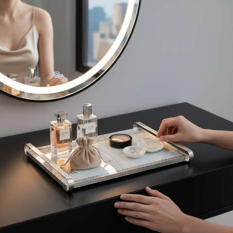 Silver Metal Tray With Glass Base