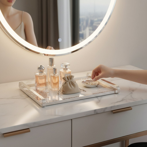 Silver Metal Tray With Glass Base