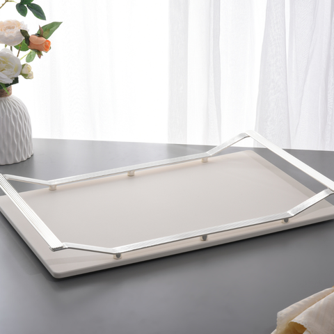 Silver Metal Tray With Wooden Base