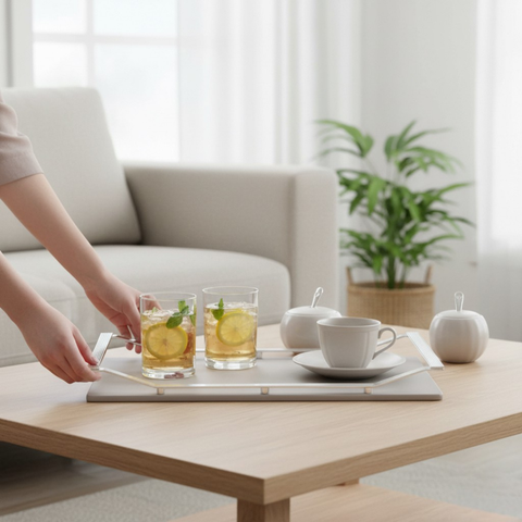 Silver Metal Tray With Wooden Base