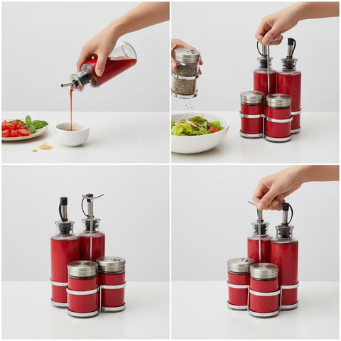 4 Piece Powder Coated Red Stainless Steel With Glass Cruet Set