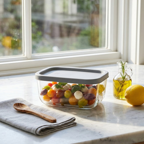 405Ml Glass Rectangular Food Container With Grey Lid