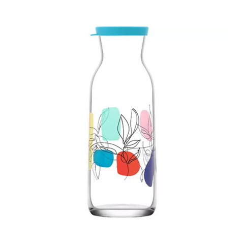 1.2 Liter glass bottle with flower pattern and blue silicone lid